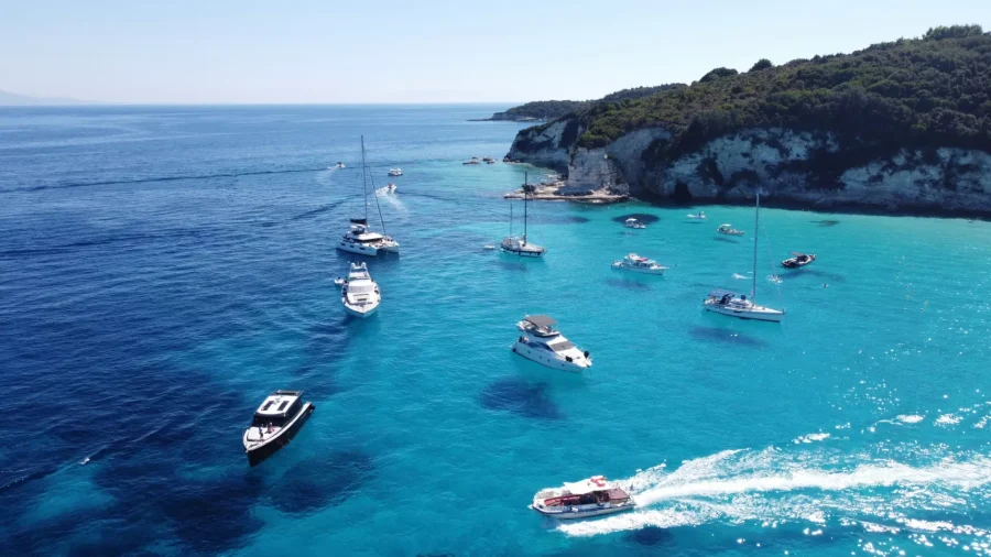 azour ionian boat cruises aerial boats turquoise bay