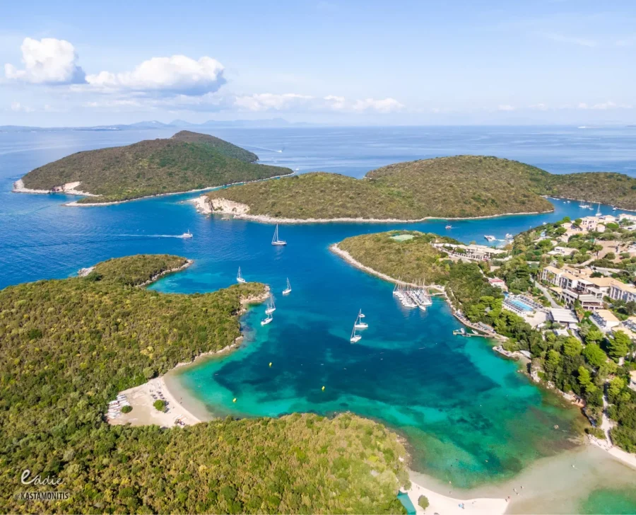 azour ionian boat cruises aerial island bay sailboats